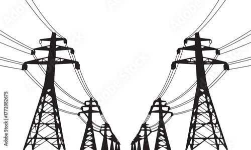 Power Line Silhouette: A High-Voltage Vector Illustration of Electricity Transmission