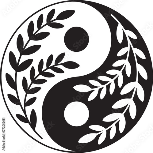 Yin Yang with Floral Accents: A Harmonious Vector Illustration of Balance and Nature