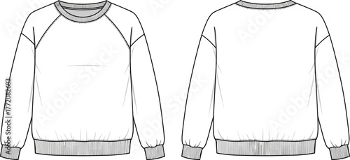 Cad drawing flat vector illustration of unisex sweatshirt, front and back view, fashion flat sketch, casual pullover design template, apparel mockup