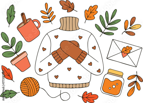 Cozy Autumnal Still Life with Knitted Sweater, Warm Mittens, and Seasonal Elements Illustration