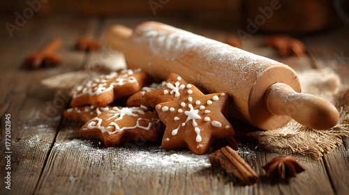 Homemade spiced cookies with white icing rest next to a wooden rolling pin dusted with flour on a rustic surface.