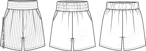 Cad drawing flat vector illustration of women shorts front and back view, fashion design technical sketch with waistband detail
