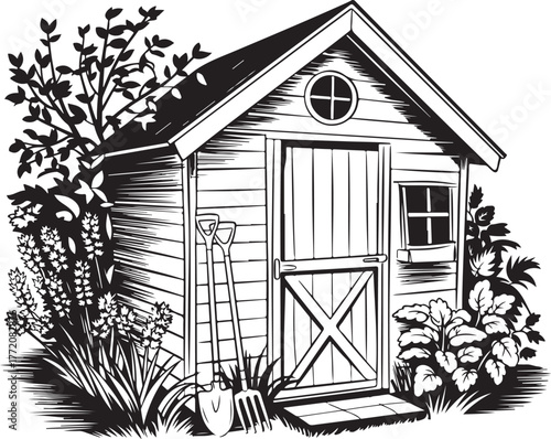Rustic Garden Shed with Tools and Plants Black and White Illustration