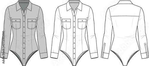 Cad drawing flat vector illustration of women’s bodysuit shirt front and back view, fashion design technical template apparel sketch