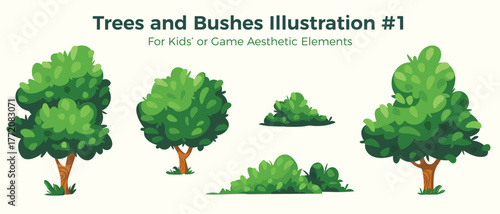 Vector Cartoon Realistic Trees and Bushes with Grass Collection Set for Kids Book Illustration Element