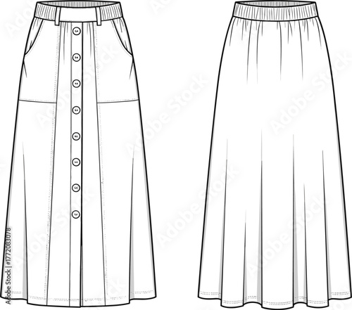 Cad drawing flat vector illustration of women’s button front midi skirt with pockets and elastic waistband, fashion technical sketch template