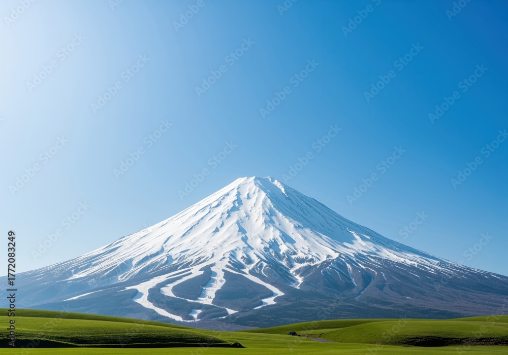 Fototapeta premium Symmetrical snow covered mount fuji towering over rolling green hills in japan.