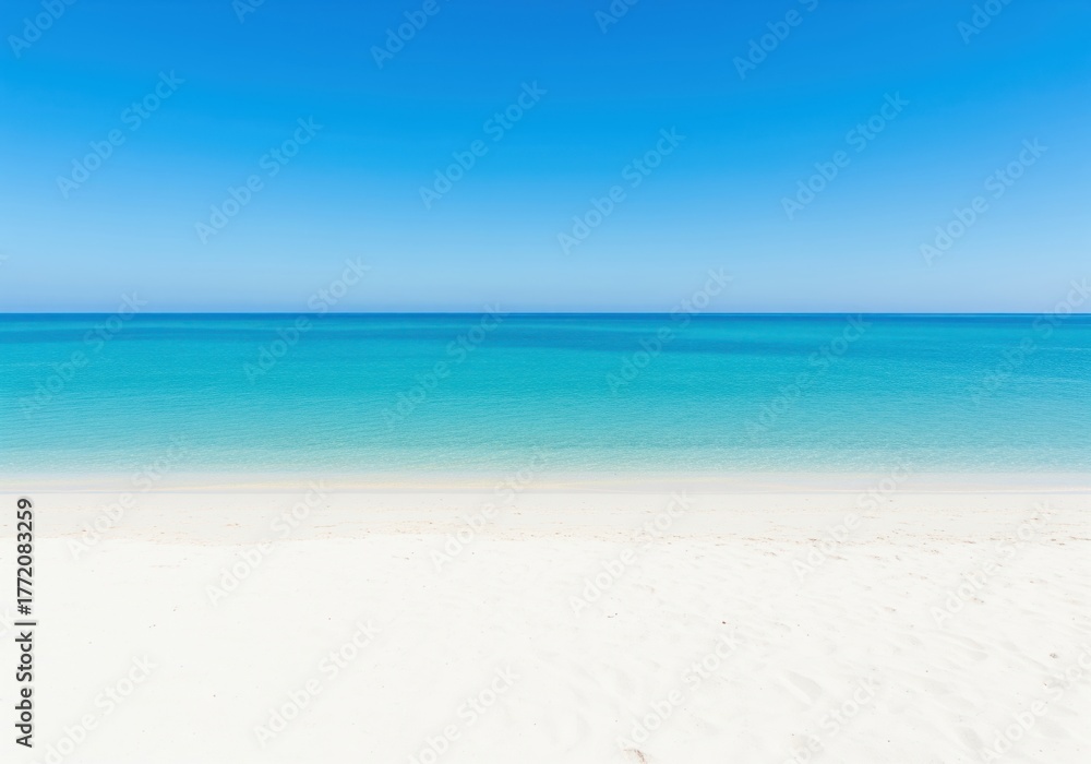 Obraz premium Pristine white sand beach meeting calm turquoise ocean water under a clear blue sky.