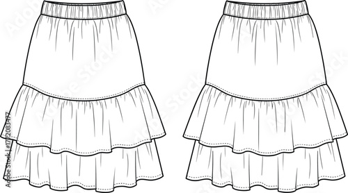 Cad drawing flat vector illustration of women’s layered ruffle skirt front and back view, fashion technical sketch design template