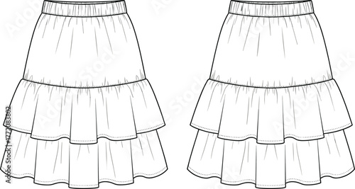 Cad drawing flat vector illustration of women’s double layered ruffle skirt front and back view, fashion technical sketch template design