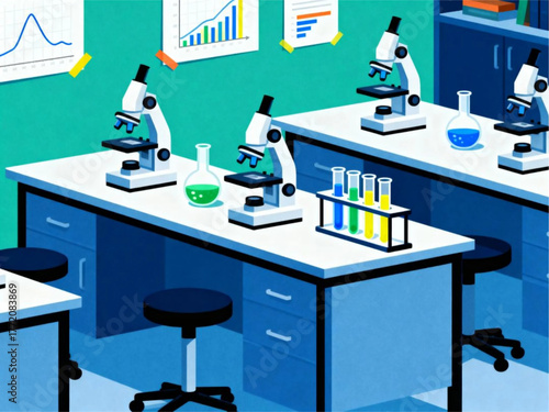 Scientific research and education concept with laboratory equipment and microscopes