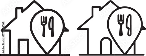 Two house location pins with cutlery silhouette