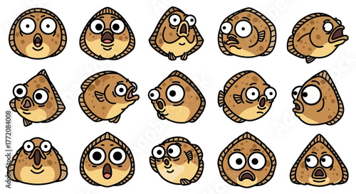 A collection of fifteen cartoon flatfish characters showing a wide range of funny and expressive emotions.