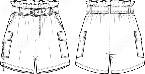 cad drawing flat vector illustration, paperbag waist cargo shorts design, fashion technical sketch, casual women clothing template front and back view