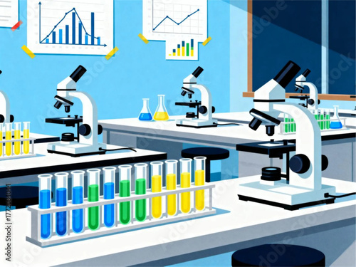 Science Lab Equipment Microscopes and Test Tubes in a Lab Setting