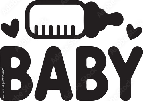 Cute baby silhouette with bottle and hearts graphic for newborn and infancy themes isolated on transparent background