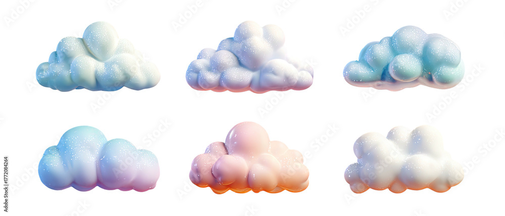 Fototapeta premium Six cartoonish fluffy pastel clouds on black background