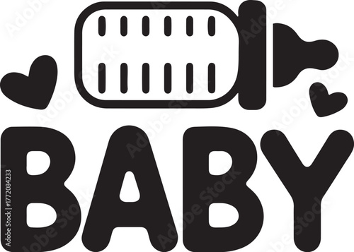 Cute baby bottle and hearts graphic design for newborn and infant products isolated on transparent background