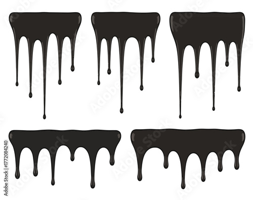 Five Dripping Black Liquid Elements on White Background paint