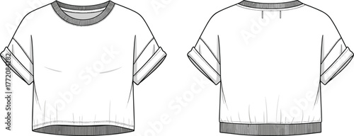 Front and back cropped t-shirt technical flat sketch, short sleeve women’s top design template, fashion apparel CAD drawing vector illustration