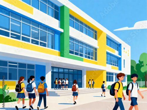 Modern school building with students arriving for classes on a sunny day