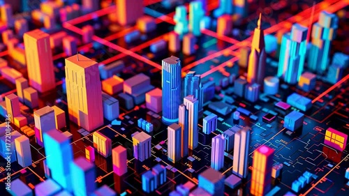 Futuristic cityscape with glowing buildings