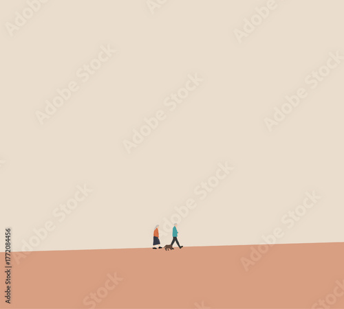 Old couple walking with dog on modern city street. Retirement morning exercise outdoor activity. 