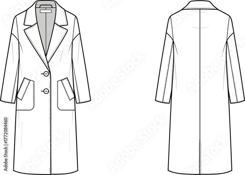 Front and back long coat technical flat sketch, classic women’s overcoat fashion design template, detailed CAD drawing vector illustration