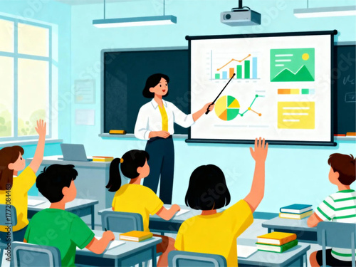 Teacher Presenting Charts and Graphs to Students in a Classroom Setting with Raised Hands