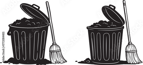 Two overflowing trash cans with brooms silhouette