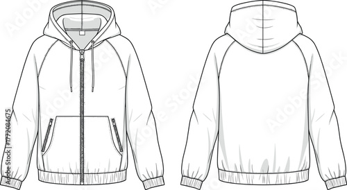 Modern zip up hoodie technical flat sketch, front and back view, detailed clothing template, fashion design, CAD drawing flat vector illustration