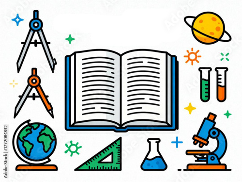 Scientific and Educational Icons Set Compass, Globe, Microscope, and Book on White Background