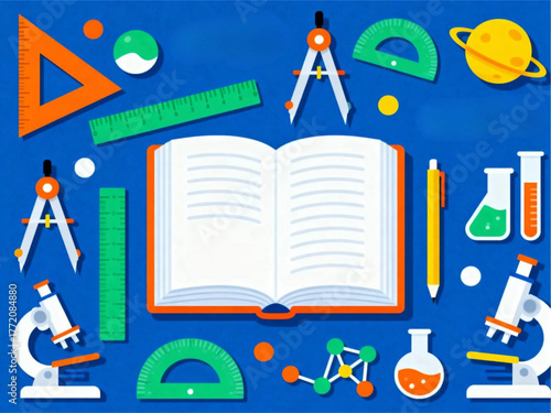 Illustration of a science and math classroom with various educational tools and books