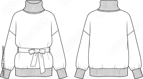 Turtleneck sweater technical flat sketch, detailed CAD drawing vector illustration, women’s fashion design template with waist belt, apparel pattern and garment production