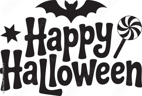 Spooky happy halloween text with bat candy and star for festive seasonal celebrations isolated on transparent background