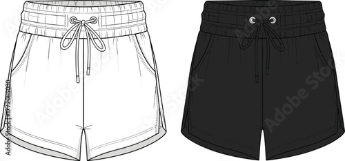 Women casual shorts front view with drawstring waistband, black and white fashion design template for summer outfit, CAD drawing flat vector illustration