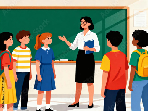 Diverse students attentively listen to their teacher giving a lesson in a classroom setting