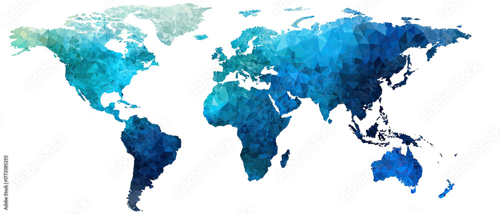 Naklejka premium Polygon world map. Aqua and blues over black background