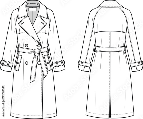 Fashionable trench coat technical sketch, front and back view, detailed sewing pattern, stylish outerwear design, CAD drawing flat vector illustration