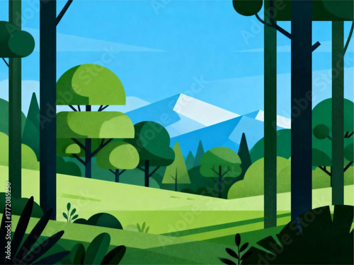 Vibrant forest clearing with distant snow-capped mountains under a clear blue sky