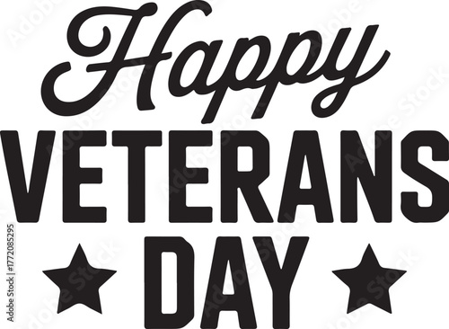 Happy veterans day text with stars honoring military service and patriotism isolated on transparent background