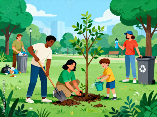 Diverse community members cooperatively planting a new tree and cleaning up litter in a green urban park, promoting environmental care and sustainability