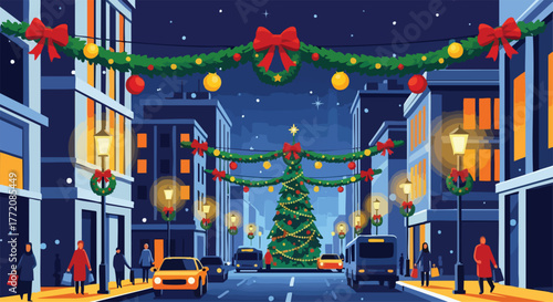 Festive winter night in a bustling city street adorned with glowing Christmas decorations and a grand, sparkling tree