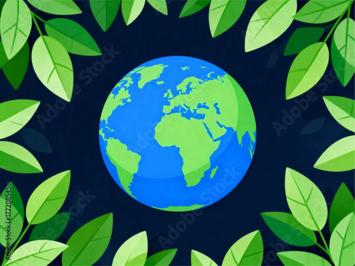 Eco-Friendly Earth A Vibrant Illustration of Our Planet Surrounded by Lush Greenery