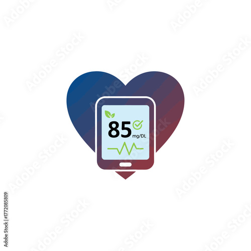 Glucose meter showing healthy blood sugar level 85 mg/dL with heart symbol – diabetes control concept
