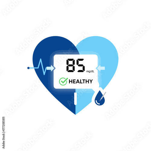 Glucose meter showing healthy blood sugar level 85 mg/dL with heart symbol – diabetes control concept