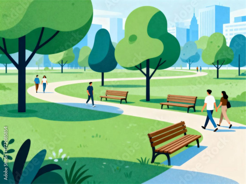 Vibrant park scene on a sunny day with people strolling and enjoying nature's beauty