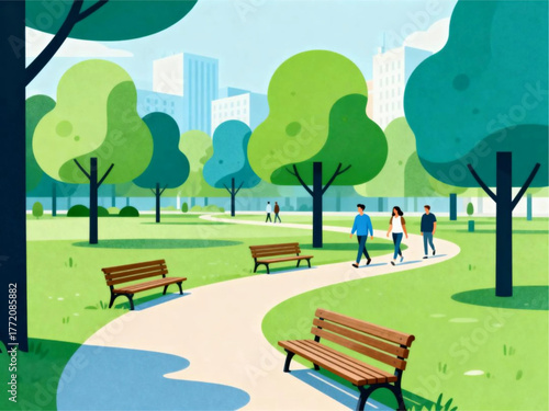 Vibrant city park illustration with people enjoying a peaceful stroll on a winding walkway, surrounded by lush trees and an urban skyline