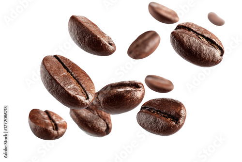 Floating roasted coffee beans, rich brown color against black