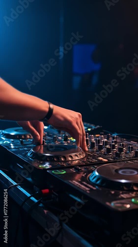 DJ Hands Mixing Music on Professional Turntables Blue Club Lights